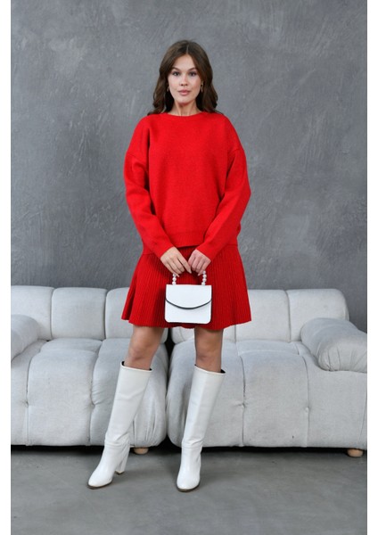 Kadın Bisiklet Yaka Lurex Salaş Etekli Triko Takım modelleri