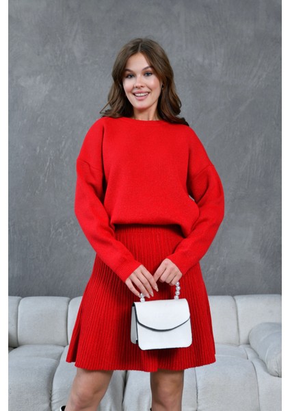 Kadın Bisiklet Yaka Lurex Salaş Etekli Triko Takım indirimleri