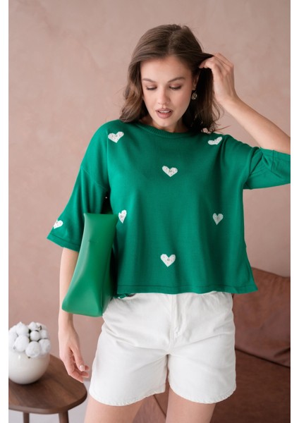 Kadın Bisiklet Yaka Taş Işlemeli Salaş Triko Kazak