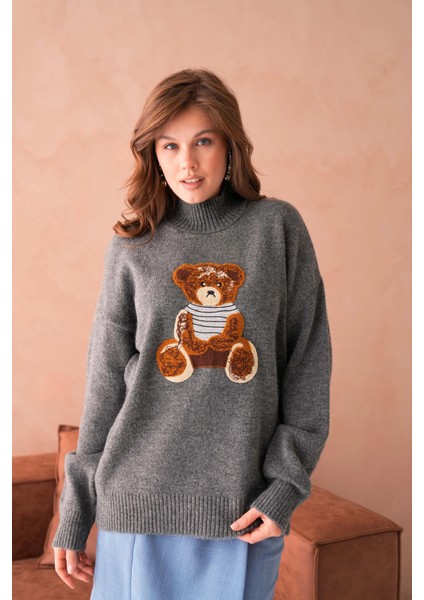 Kadın Bisiklet Yaka Nakış Detaylı Salaş Triko Kazak modelleri