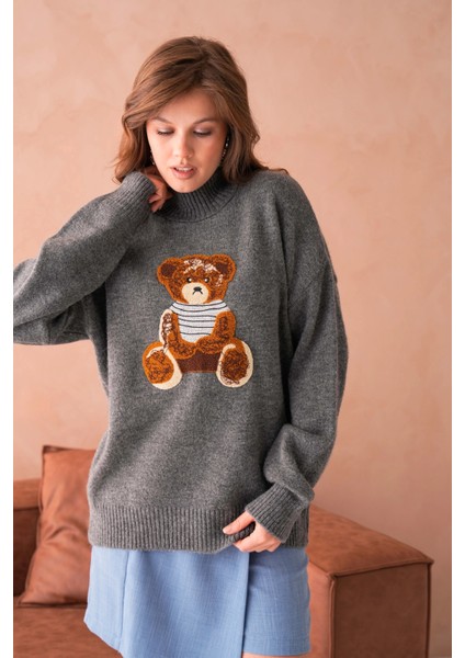 Kadın Bisiklet Yaka Nakış Detaylı Salaş Triko Kazak fırsatları