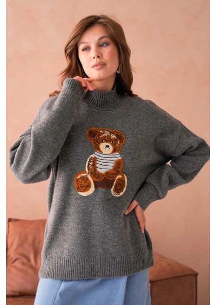 Kadın Bisiklet Yaka Nakış Detaylı Salaş Triko Kazak indirimleri