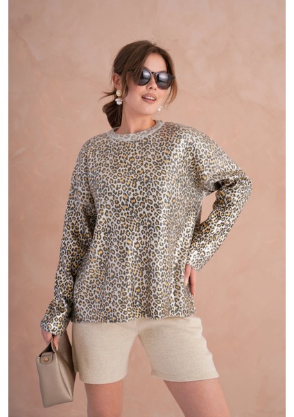 Kadın Bisiklet Yaka Lurex Leopar Salaş Triko Kazak