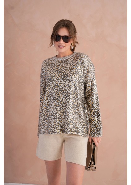 Kadın Bisiklet Yaka Lurex Leopar Salaş Triko Kazak fiyatları