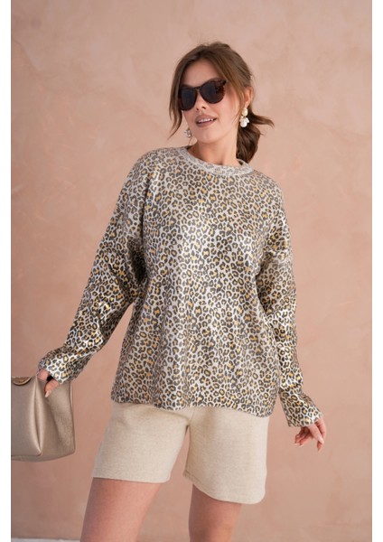 Kadın Bisiklet Yaka Lurex Leopar Salaş Triko Kazak modelleri