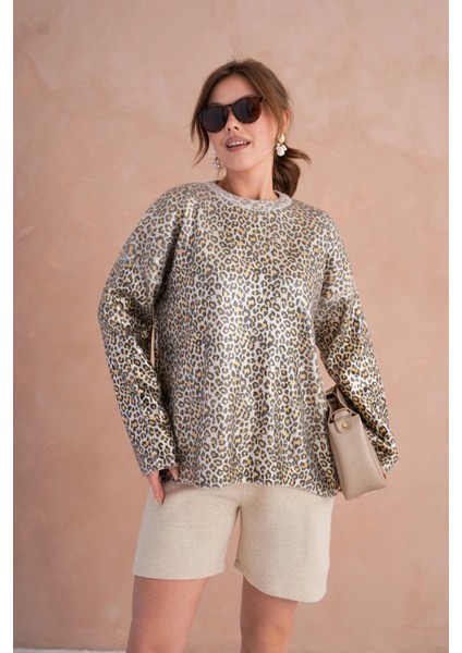 Kadın Bisiklet Yaka Lurex Leopar Salaş Triko Kazak indirimleri