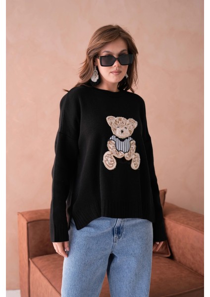 Kadın Bisiklet Yaka Aplikeli Arkası Uzun Salaş Triko Kazak fiyatları