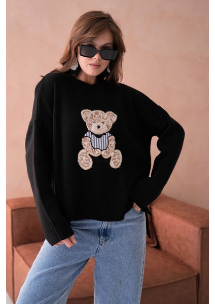 Kadın Bisiklet Yaka Aplikeli Arkası Uzun Salaş Triko Kazak fırsatları