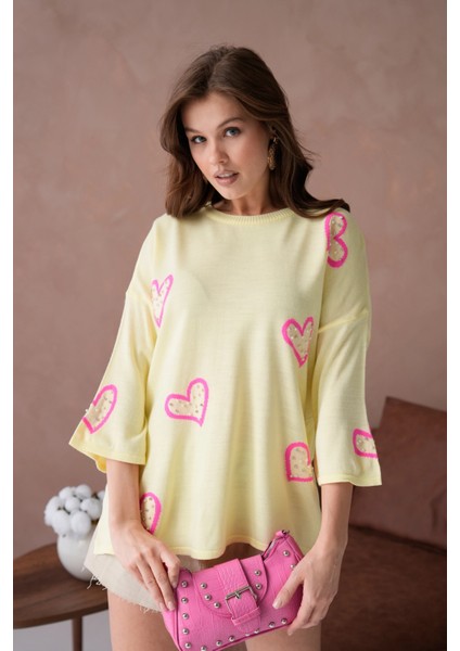 Kadın Taş Işlemeli Salaş Triko Kazak