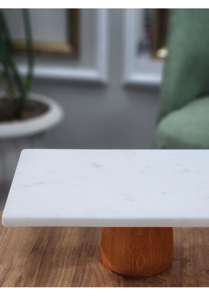 Mermer Pasta Kek Standı , Ahşap Ayaklı Kek Standı, Ayaklu Sunumluk 28x20cm
