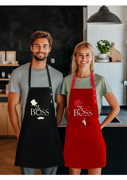 Kumaş Mutfak Önlüğü Seti 2'li Leke Tutmaz Su Itici %65 Pamuk %35 Polyester Boss - Real Boss Patron Önlük