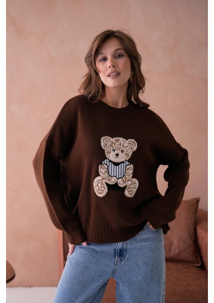 Kadın Bisiklet Yaka Aplikeli Arkası Uzun Salaş Triko Kazak