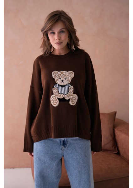 Kadın Bisiklet Yaka Aplikeli Arkası Uzun Salaş Triko Kazak indirimleri