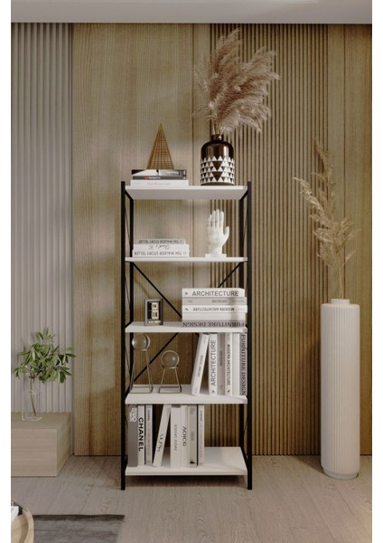 5 Raflı Kitaplık Demir Profil Modern Iskandinav Çalışma Odası Ofis Salon Kitaplığı Evrak Rafı Metal