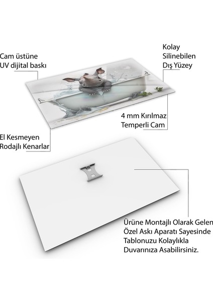 Hayvan Cam Tablo - Sevimli Dostlar Banyoda - Yatay Motif 02-013