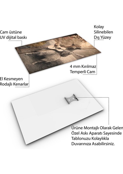 Hayvan Cam Tablo - Sevimli Dostlar Gitar Çalıyor - Dikey Motif 09-017