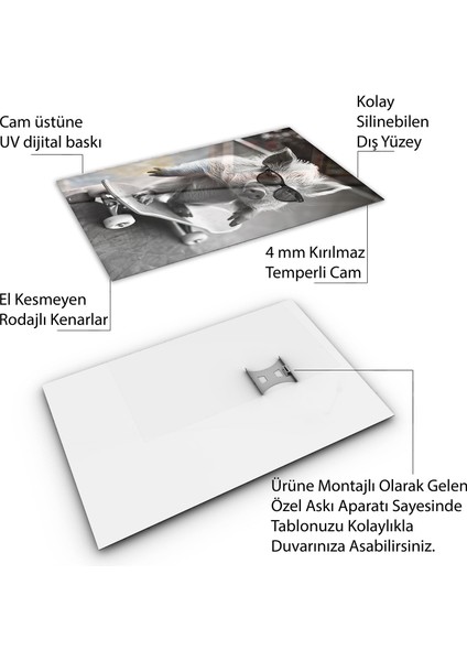 Hayvan Cam Tablo - Sevimli Dostlar Skuuterle - Dikey Motif 11-045