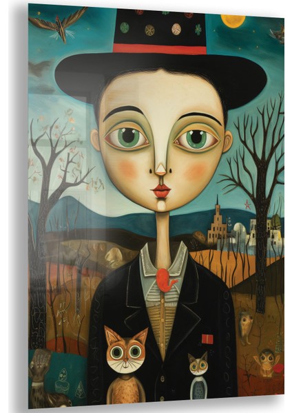 Sanatsal Cam Tablo - Naif Sanat - Dikey Motif 13-019
