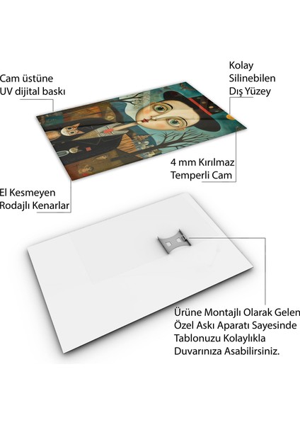 Sanatsal Cam Tablo - Naif Sanat - Dikey Motif 13-019