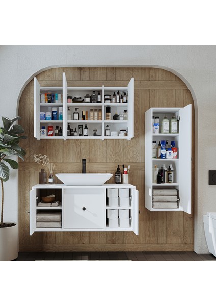 Lavabolu Mat Mdf 105 cm Çekmeceli Banyo Dolabı + Aynalı Üst Dolabı + Boy Dolabı modelleri