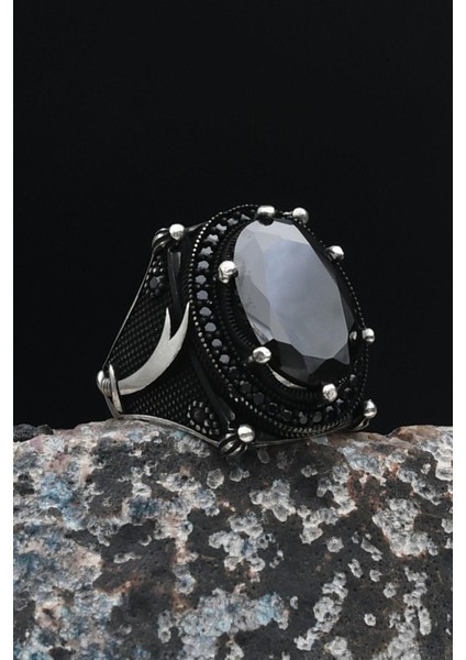 Zülfikar Hz. Ali'nin Kılıcı 925 Ayar Gümüş Erkek Yüzüğü Siyah Zirkon Taşlı 901506