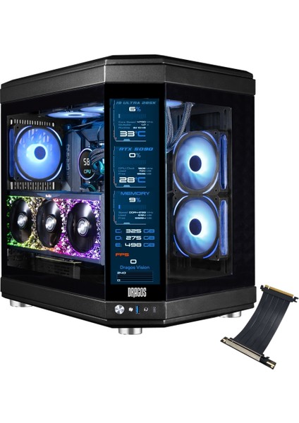 North Evo Vision Plus 7x Argb Fan USB 3.0 + Type C Pcı Express 4.0 Riser Atx LCD Ekranlı Gaming Bilgisayar Kasası Siyah
