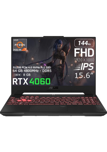 Tuf Gaming A15 FA507NOR-LP08 Amd Ryzen 7 7435HS 64GB 512GB SSD Rtx 4060 (140W) 15.6" 144Hz IPS Panel Fhd Windows 11 Pro Taşınabilir Bilgisayar