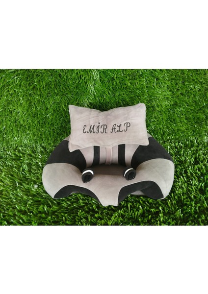 Isimli Yastık Hediyeli Kişiye Özel Bebek Oturma Destek Minderi Büyük Bebek Koltuğu- Açık ve Koyu Gri