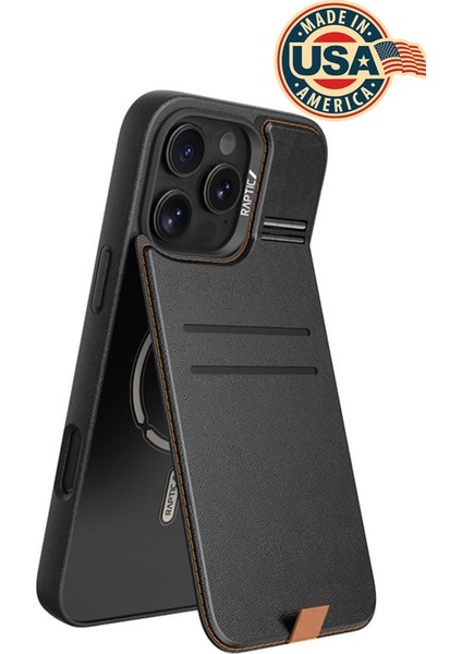 iPhone 16 Pro Max Kılıf Magsafeli Raptic Slim Wallet Serisi Deri Kartlıklı Standlı Kapak Siyah
