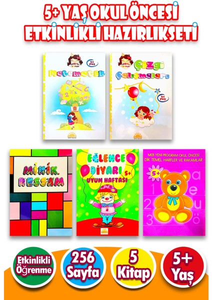 5 + Yaş Okul Öncesi Etkinlikli Eğlenceli Öğretici Hazırlık Seti - 256 Sayfa - 5 Kitap