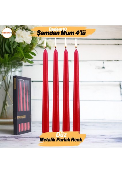 Şamdan Mum 4'lü Metalik Boya Kırmızı Dekoratif Mumu Kandil Fitilli Mumluk Kırmızı 25 cm