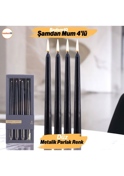 Şamdan Mum 4'lü Metalik Boya Siyah Dekoratif Mumu Kandil Fitilli Mumluk Parlak Siyah 25 cm