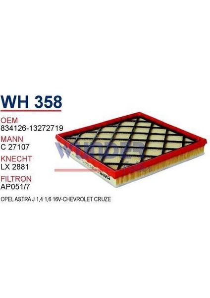 Wunder WH358 Hava Filtresi Astra J (2009--) / Zafira C / Cascada (2013--) / Cruze (2009--) (Tümü = 1.3 - 1.7dı - 1.7 Cdtı - 2.0 Cdtı - 2.0)