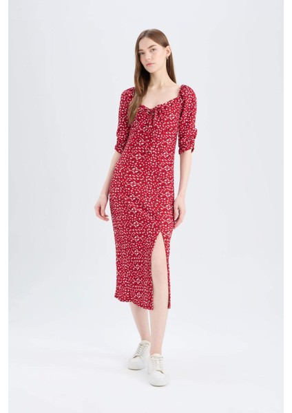 Bodycon Vücudu Saran Kare Yaka Çiçek Desenli Yırtmaçlı Bürümcük Yarım Kol Midi Elbise Z5262AZ25SP