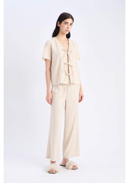 Pijama Takımı Keten Kısa Kollu Üst Esnek Belli Altı-Fall in Love E3571AX25SP