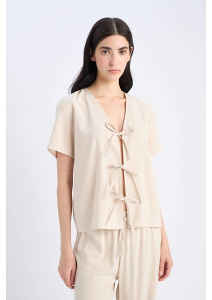 Pijama Takımı Keten Kısa Kollu Üst Esnek Belli Altı-Fall in Love E3571AX25SP