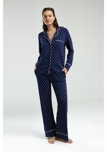 Boydan Düğmeli, Uzunkol Desenli Pijama Takım, Kutulu Çeyizlik Pijama Takım, %96 Viskon %4elastan