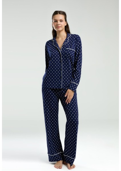 Boydan Düğmeli, Uzunkol Desenli Pijama Takım, Kutulu Çeyizlik Pijama Takım, %96 Viskon %4elastan