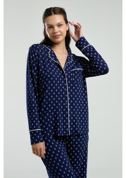 Boydan Düğmeli, Uzunkol Desenli Pijama Takım, Kutulu Çeyizlik Pijama Takım, %96 Viskon %4elastan