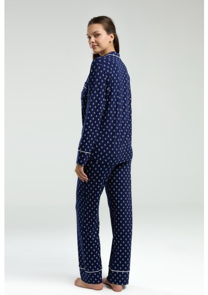 Boydan Düğmeli, Uzunkol Desenli Pijama Takım, Kutulu Çeyizlik Pijama Takım, %96 Viskon %4elastan
