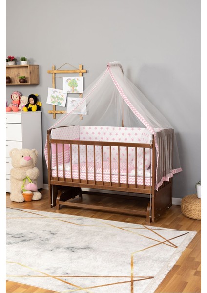 Ahşap Beşik Anne Yanı Beşik Ceviz 60X120 - Pembe Yıldız Tek Yastık Uyku Seti + Yatak fiyatları