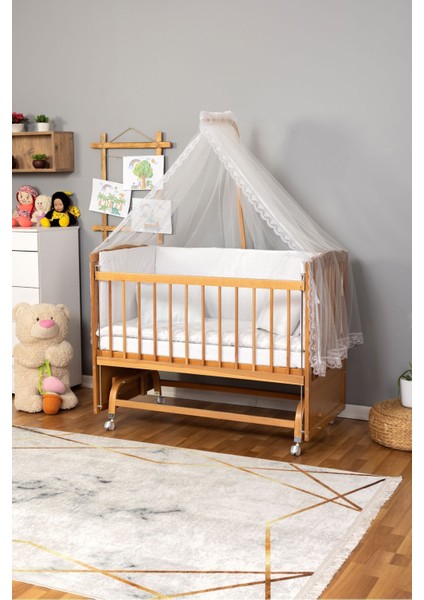 Ahşap Beşik Anne Yanı Beşik (Vernikli) 60X120 - Beyaz Güpür Uyku Seti + Yatak + Tekerlekli fiyatları