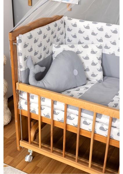 Ahşap Beşik Anne Yanı Beşik Doğal(Vernikli) 60X120 - Gri Balina Uyku Seti Yatak Tekerlekli modelleri