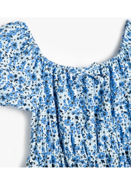 Çiçek Desenli Bisiklet Yaka Kısa Kollu Mini Elbise modelleri