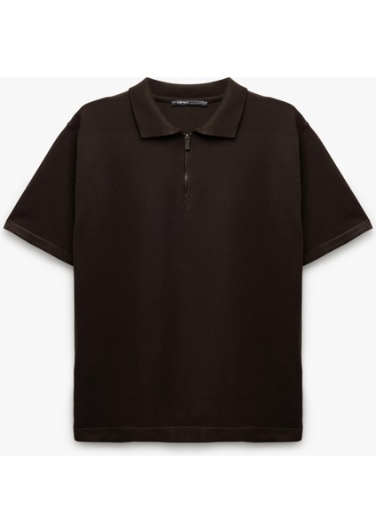 Yarım Fermuarlı Viskon Karışımlı Kısa Kollu Triko Kazak