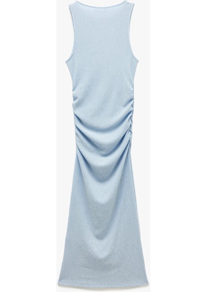 Drapeli Kolsuz Slim Fit Bisiklet Yaka Viskon Karışımlı Uzun Elbise