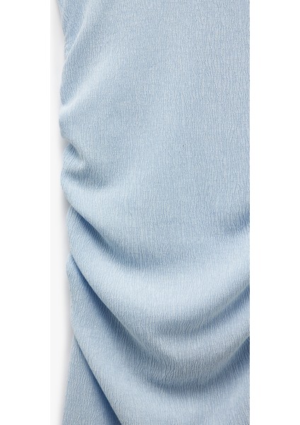 Drapeli Kolsuz Slim Fit Bisiklet Yaka Viskon Karışımlı Uzun Elbise