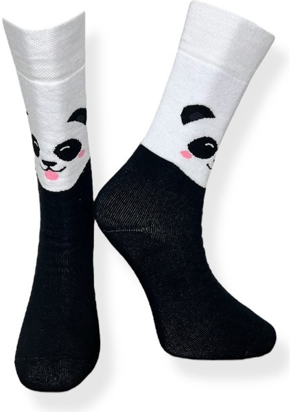 Tekli Panda Desenli Siyah Renkli Esnek Nem Alabilen Pamuklu Çorap