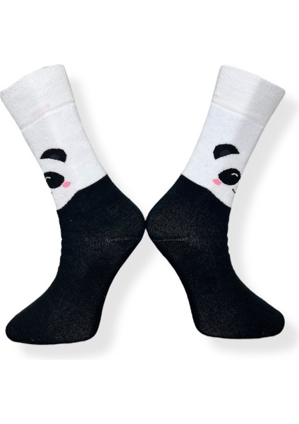 Tekli Panda Desenli Siyah Renkli Esnek Nem Alabilen Pamuklu Çorap
