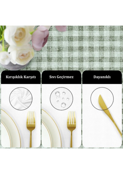 Canvas Ekose Sıvı Geçirmez Leke Tutmaz Masa Örtüsü Koyu Mint